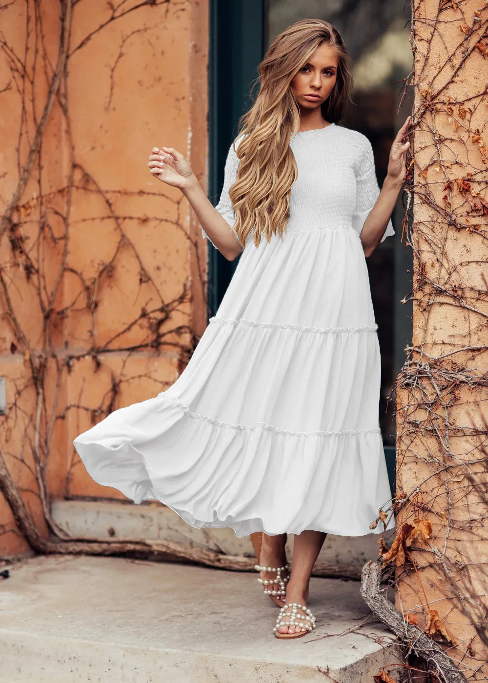 

Summer Casual Dress for Women Solid Color Ruffles Shirring Draped Fashion Loose Office Ladies Party Robe Femme Vestido C3602