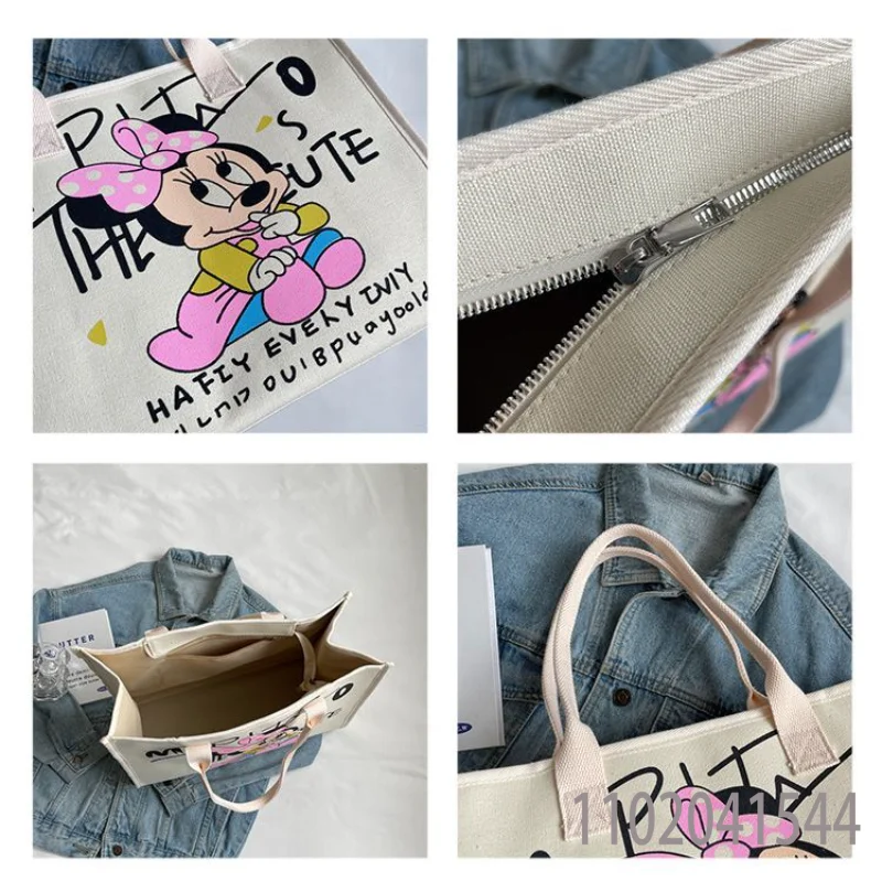 Disney Student Shoulder Bag for Girls Women Luxury Designer Mickey Minnie Handbags Large Capacity Canvas Tote Bag with Zipper
