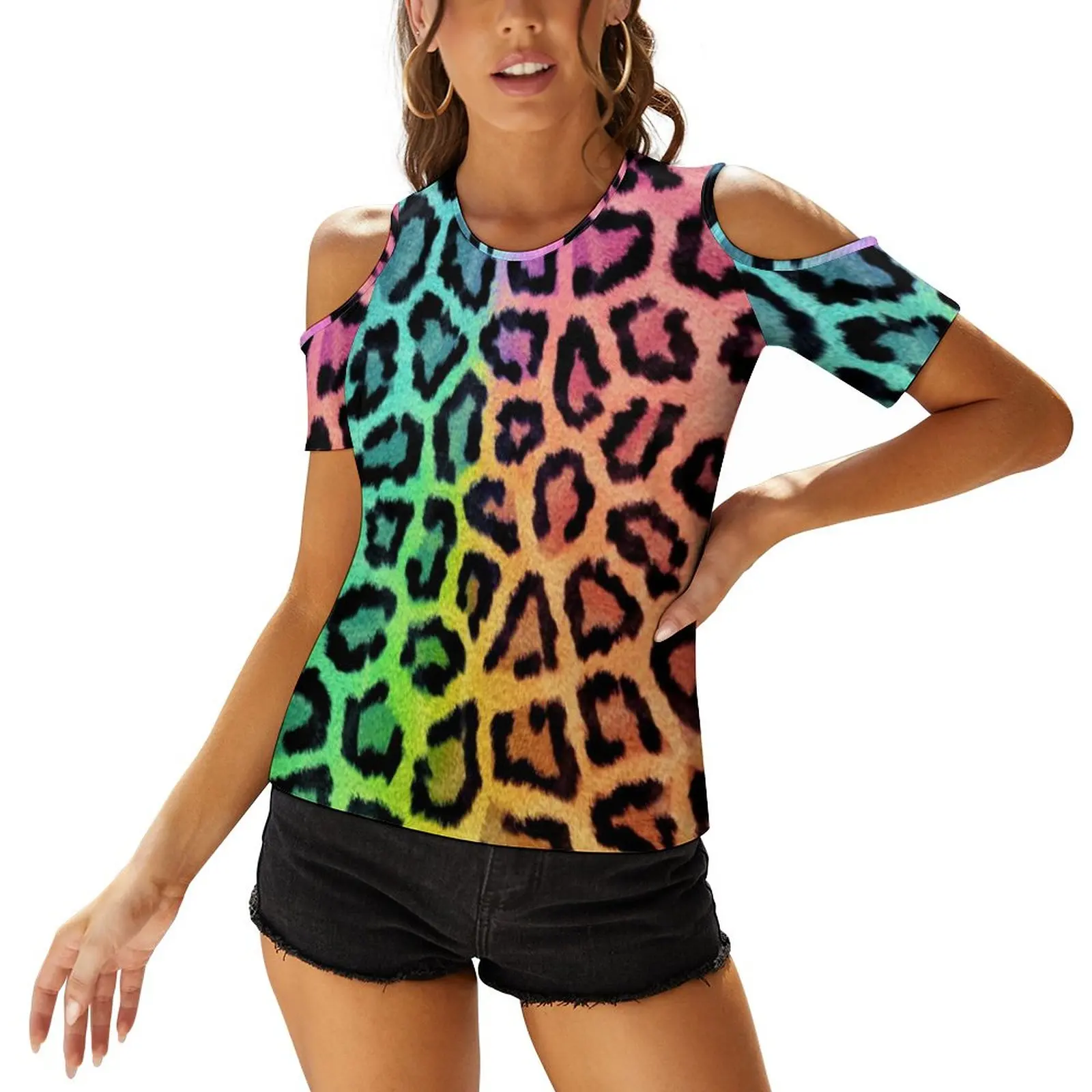 

Rainbow Leopard Print T Shirts Animal Skin Art Casual T-Shirt Off The Shoulder Print Tee Shirt Funny Womens Oversize Clothes