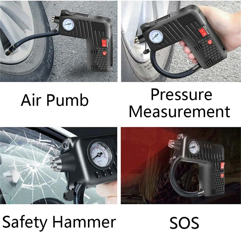 12V Portable Car Air Compressor Multifunction Tire Inflator Pump with Safety Hammer for Bike |