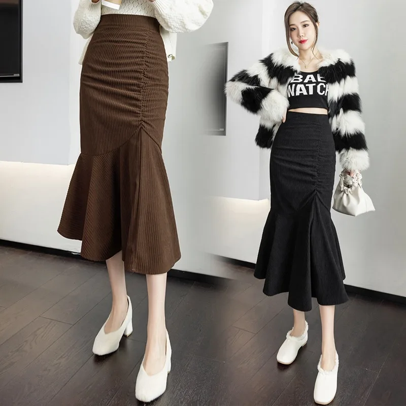 

New Fashion Corduroy Mermaid Skirt Autumn Winter 2022 High-Waist Folds Mid-calf Dress Office Lady Slim Hip Skirt For Women