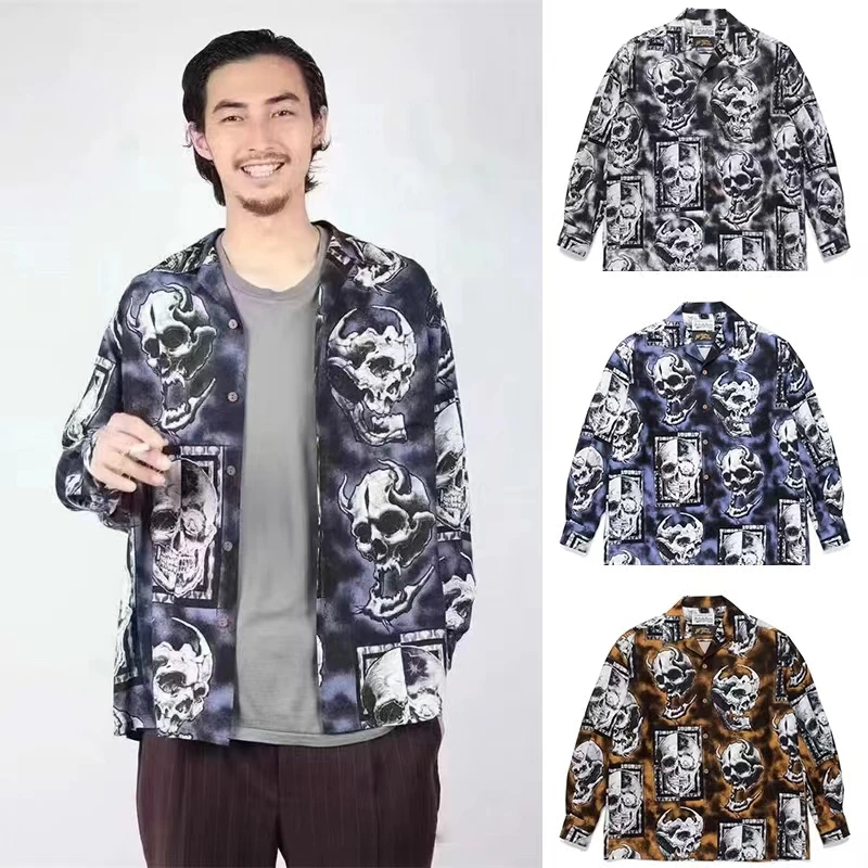 

Long Sleeve WACKO MARIA Shirt Skulls Tattoo Print Men Women High Quality Casual Hawaii Style Shirt