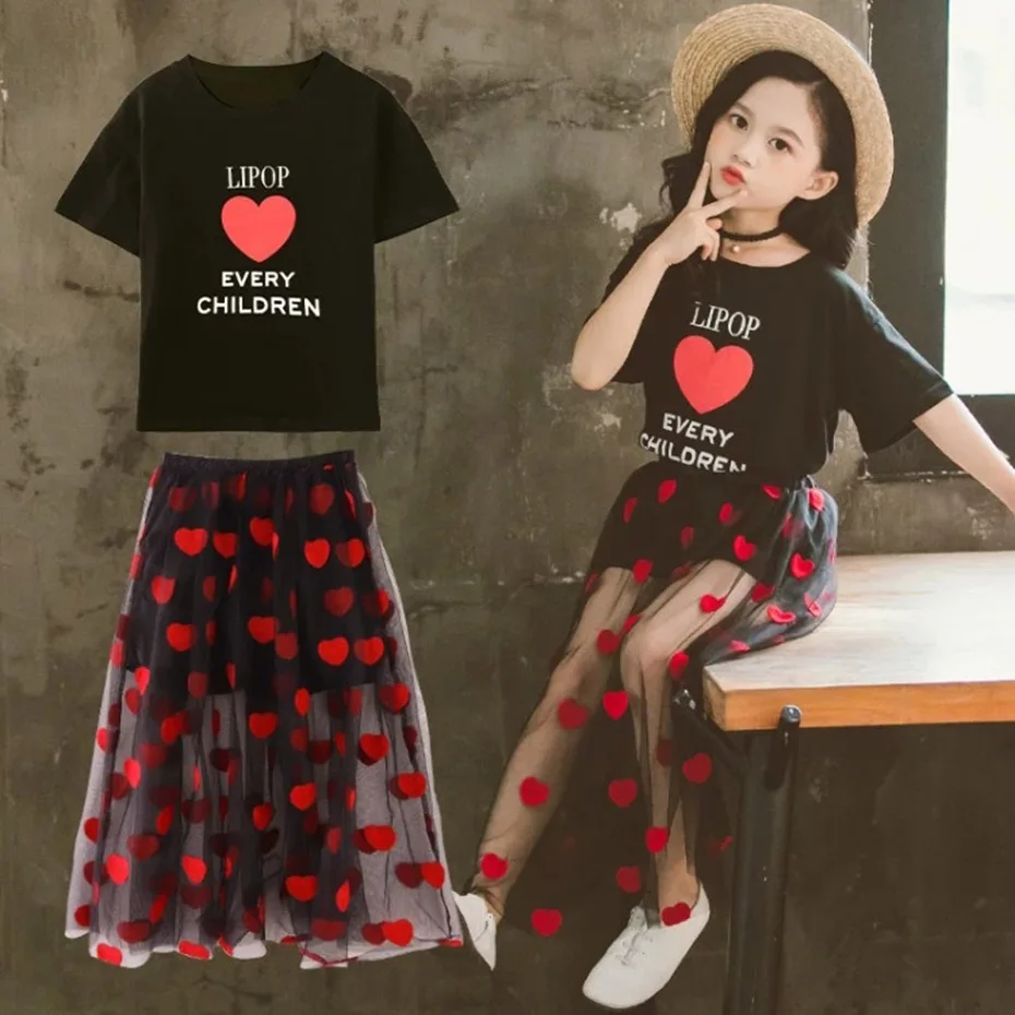

2022 Summer Children's Clothing Sets for Girls Cotton Heart Shirts + Skirts 2pcs Sets School Clothes Sets for Girls