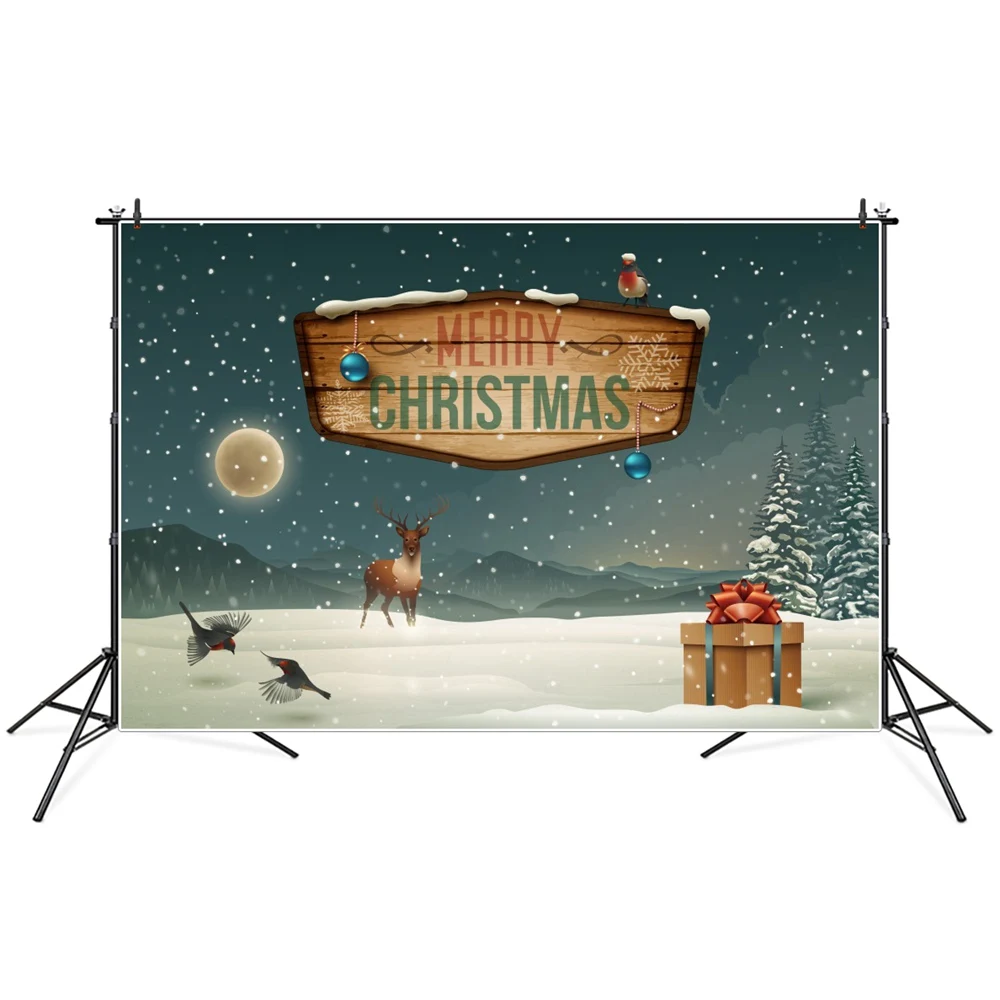 

Merry Christmas Gift Deer Winter Snow Moon Night Photography Backdrops Custom Party Home Decoration Ins Studio Photo Backgrounds
