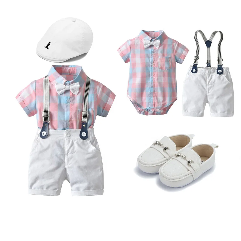 New Born Baby Clothes Set Boy Pink Plaid  Romper with Suspender Pants  Shoes Hat Gentleman Outfit for Birthday Wedding