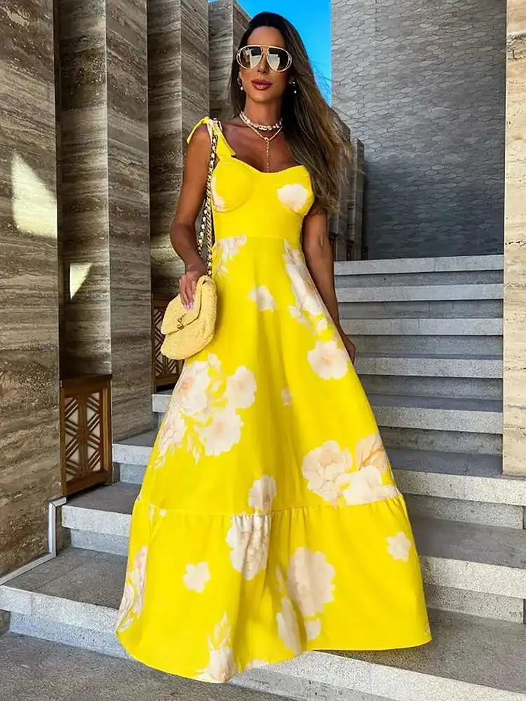 Желтые платья Ral с принтом для женщин элегантное длинное платье без рукавов