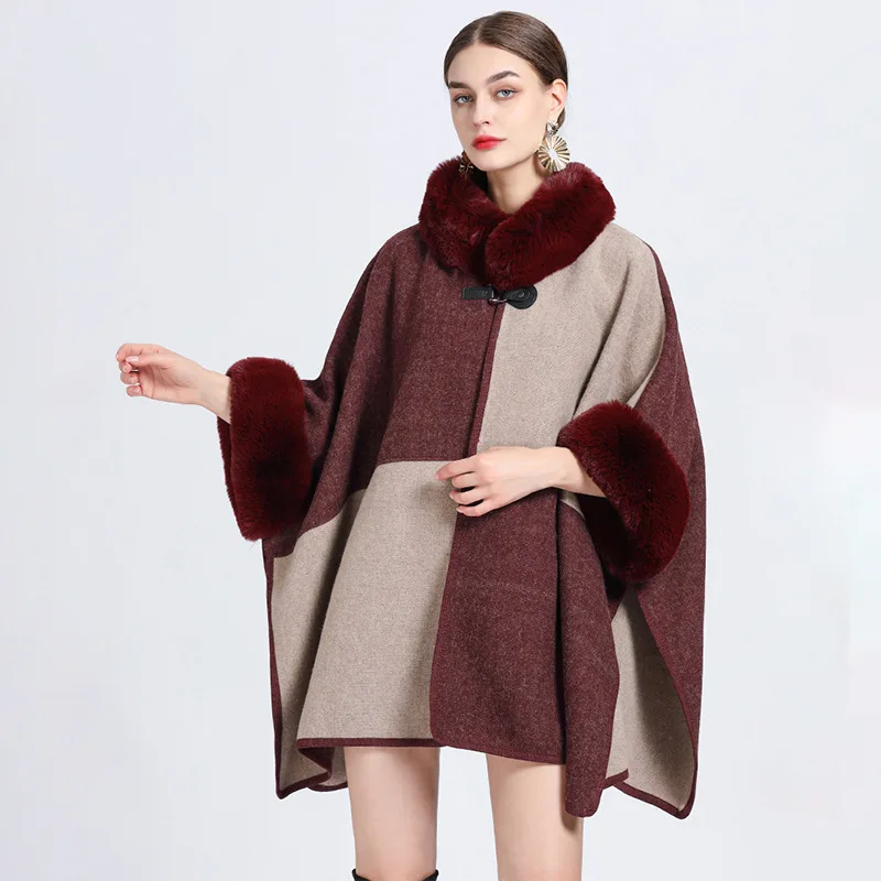 

Fall Winter Fashion Color Block Wool Blends Cape Coat Faux Fur Collar Overcoat Loose Mid-length Batsleeves Cloak Women Clothing