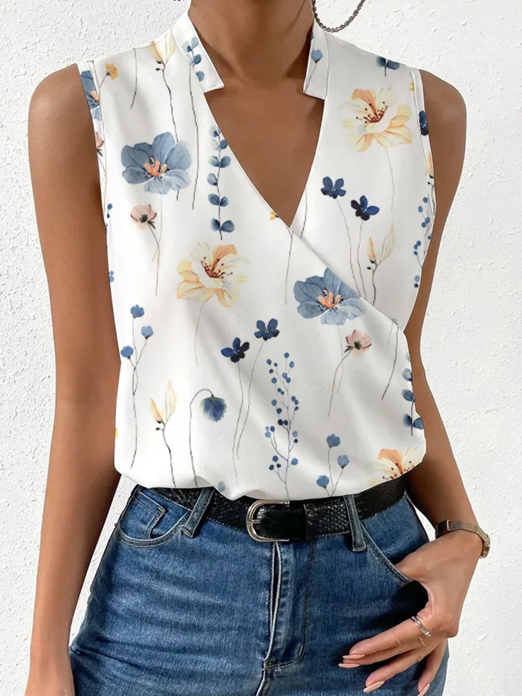 

Fashion V-neck Sleeveless Print Women Tops And Blouses 2023 Summer Casual White Tank Top Femme Shirt Blouse