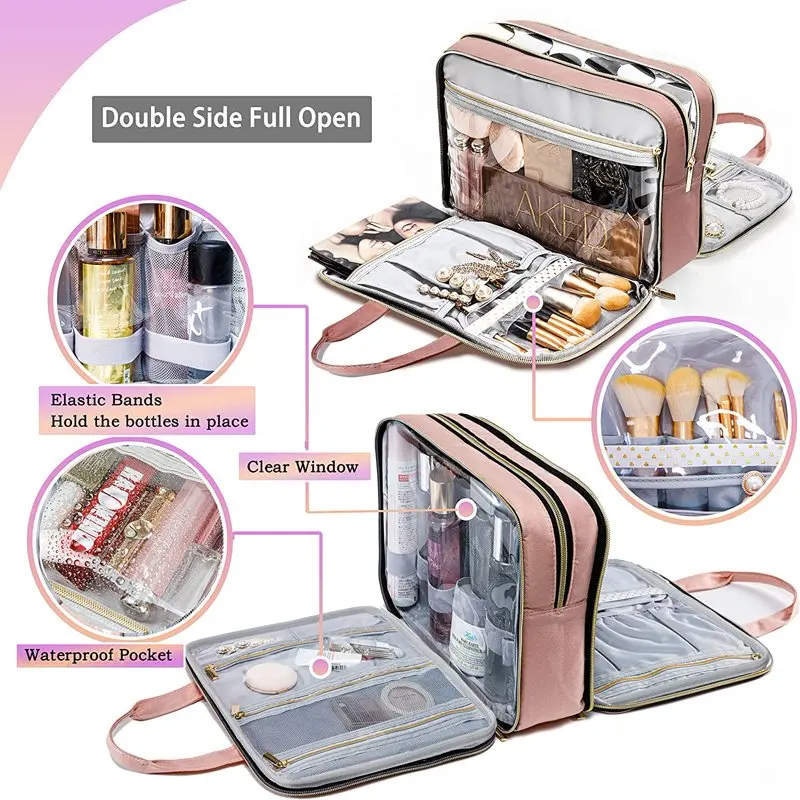 Women Toiletry Bag Travel Makeup Bag Stand Up Cosmetic Bag Pink