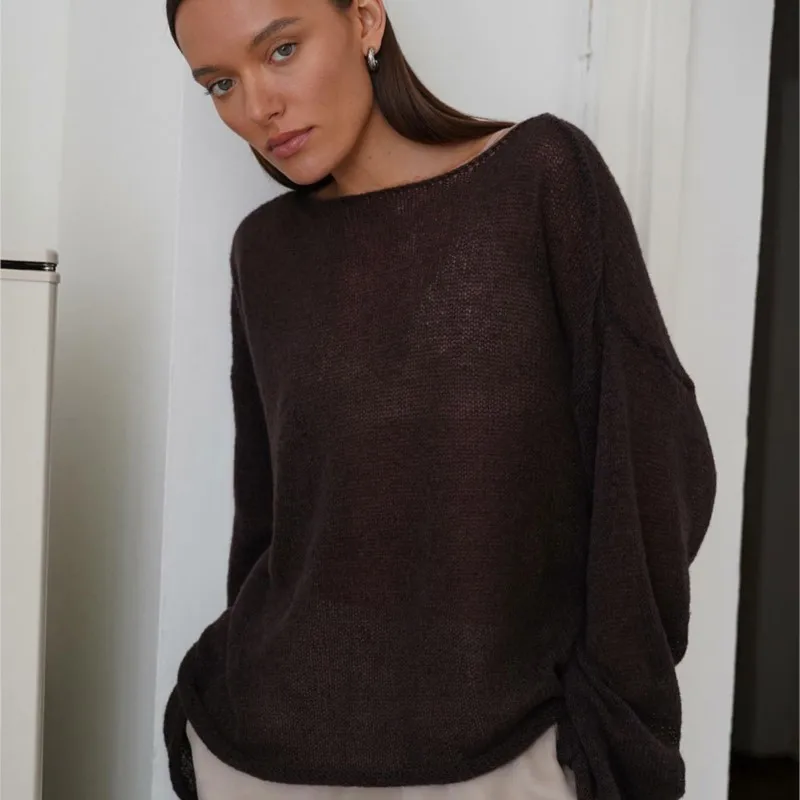 Женский вязаный пуловер с круглым вырезом и рукавом-колокольчиком