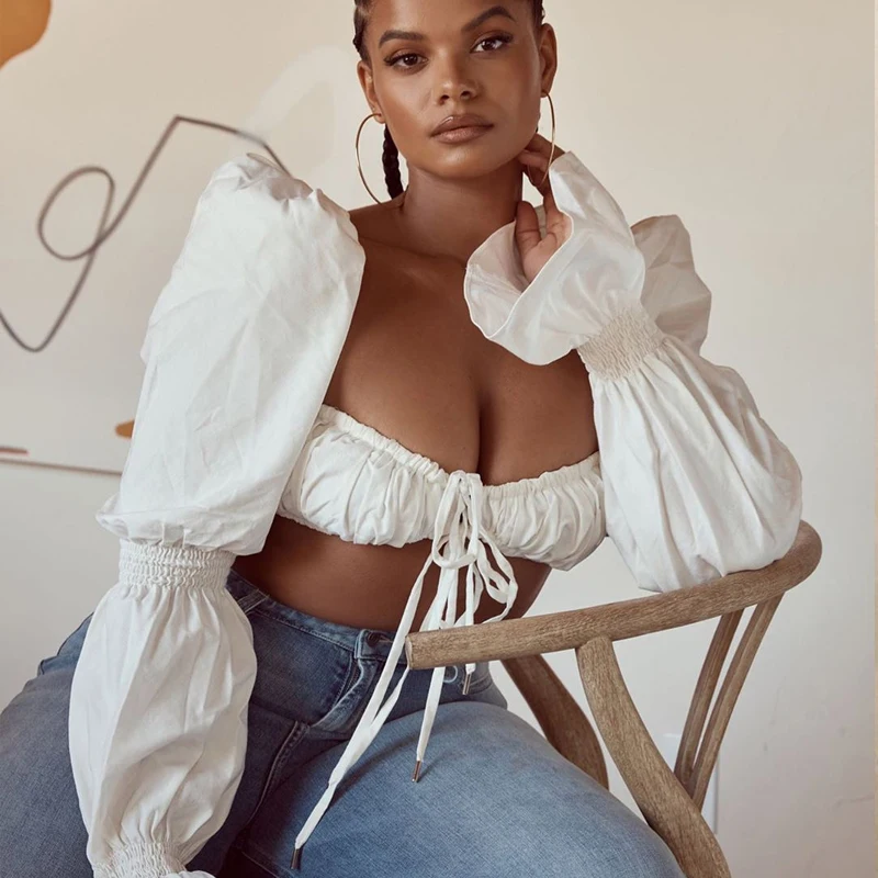 

Элегантный пикантный укороченный топ с открытой спиной, летняя уличная одежда с пышными рукавами, белая блузка с завязкой спереди, женские рубашки с длинным рукавом, блузы 20704