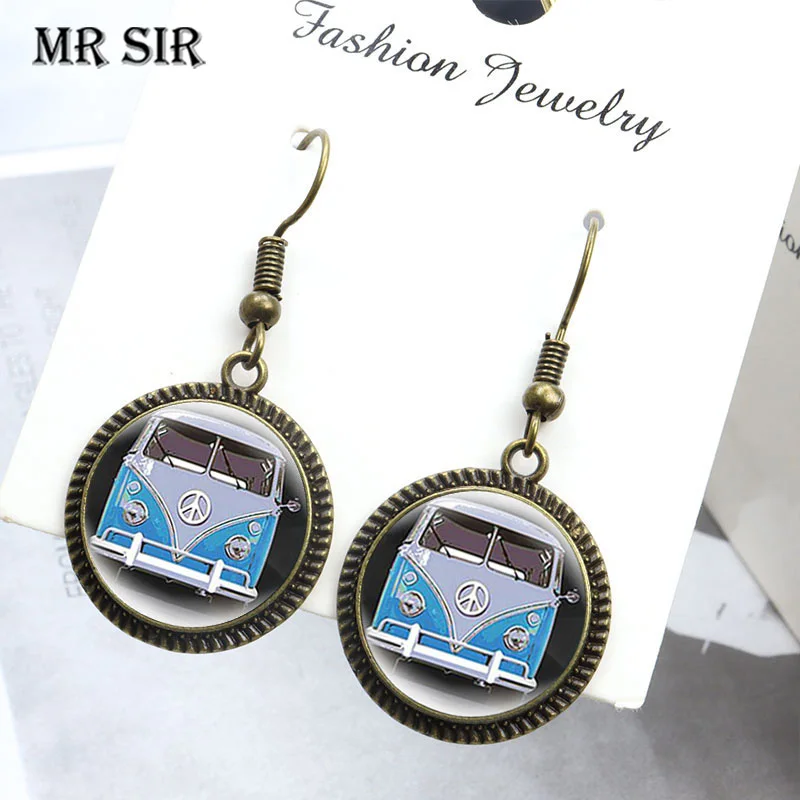 

Vintage Hippie Peace Sign Van Bus Dangle Earrings Glass Cabochon Fashion Creative Jewelry For Women Girls Drop Earrings Trinket