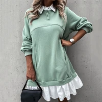 for womens spring and autumn loose dresses fashion stitching lapel ruffled casual ladies black long sleeved midi dresses 2021