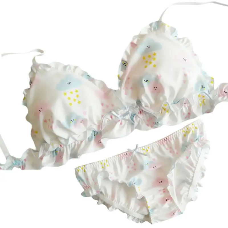 

Women Girls Cute Bow Bra Panty Set Smile Clouds Print Ruffles Student Lolita Kawaii Underwear Japanese Anime Lingerie