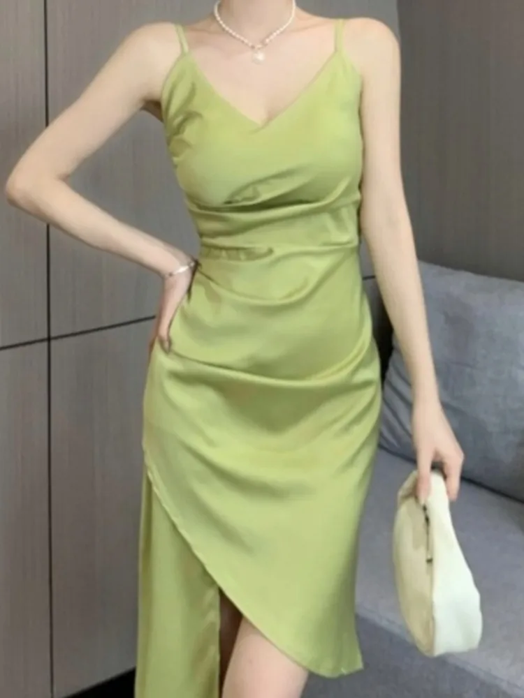 

Spaghetti Strap Elegant Casual Midi Women Summer Dress Sleeveless Sexy Slim Bodycon Vintage Party Vestidos Femme Fashion Clothes