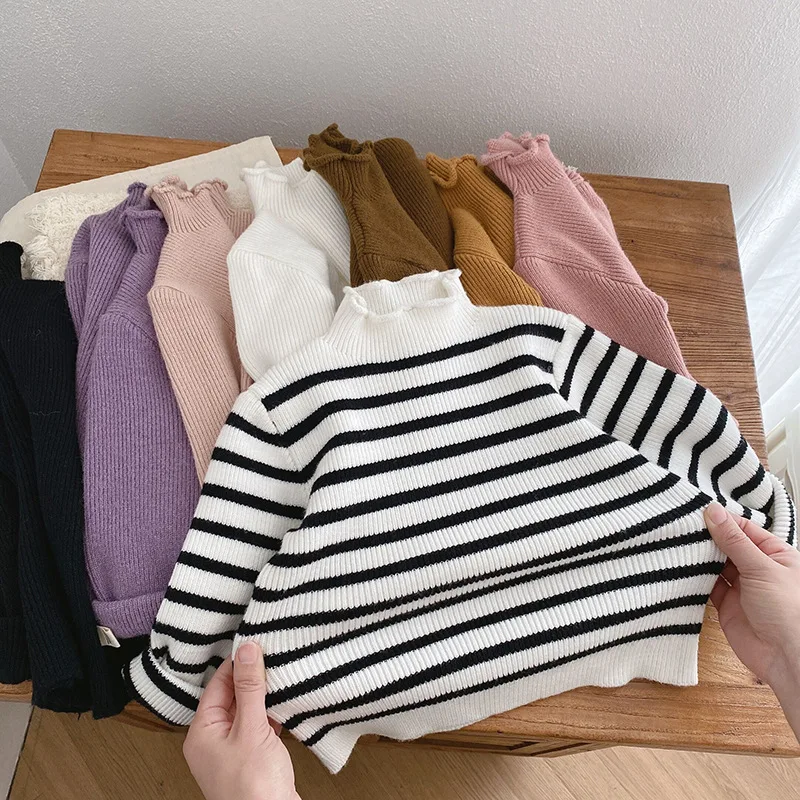 

2022 New Winter Girl Baby Ruffle Knitting Bottoming Shirt Boy Children Solid Long Sleeve Tops Kid Striped Casual Cotton Sweater
