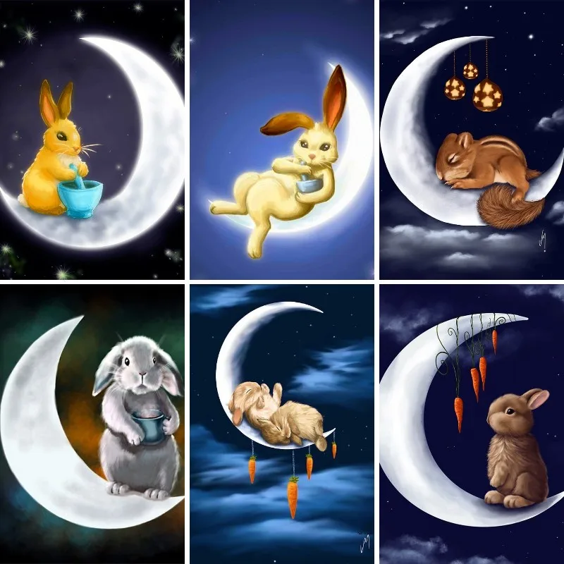 

Diy Diamond Mosaic Embroidery Sleeping Bunny on White Moon Scenery Picture Full Drill Animal Rabbits Diamond Painting Kit