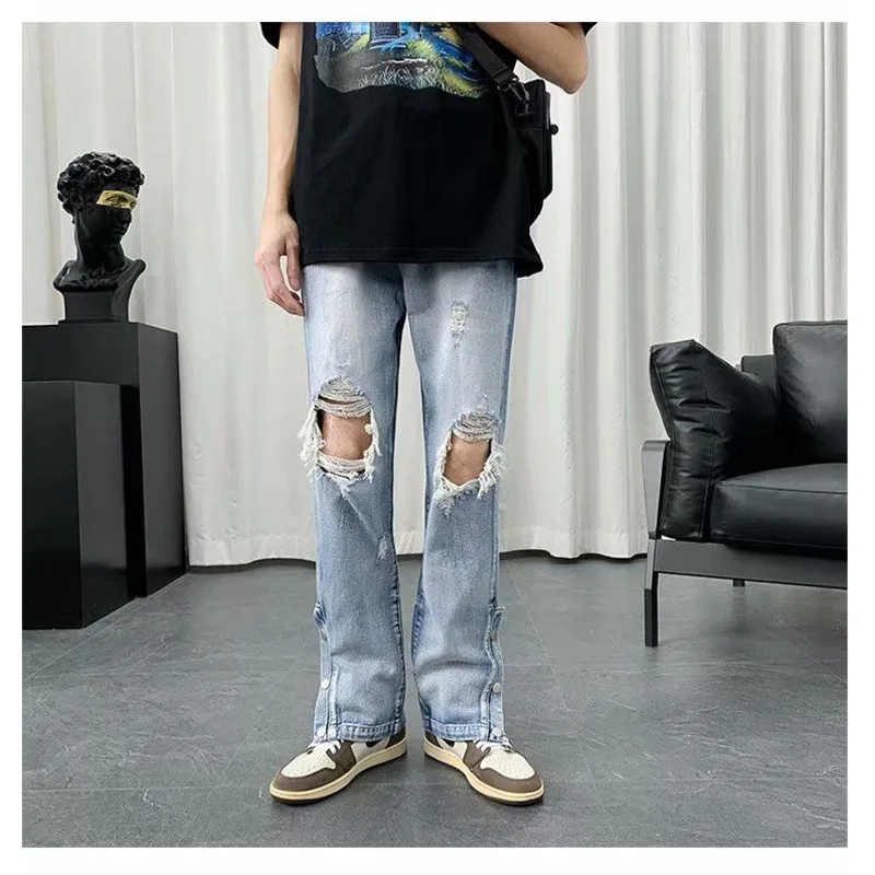 Summer Blue Black Ripped Jeans Men Slim Fashion Casual Straight Jeans Men Streetwear Hip Hop Hole Denim Pants Mens Trousers