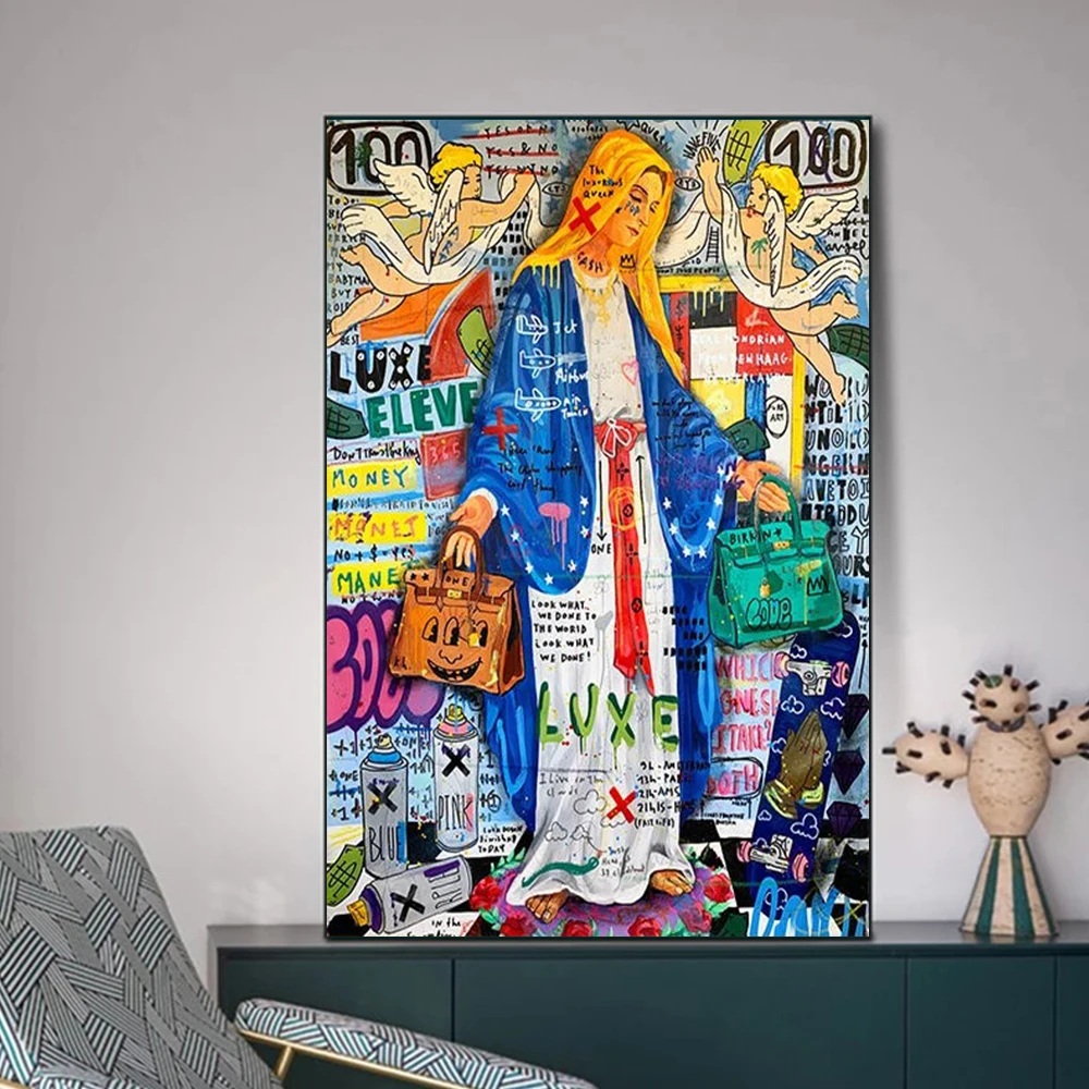 

Graffiti Funny Christian Virgin Mary Shopping Poster Print Street Pop Art Little Angel Cupid Canvas Painting Wall Art Home Decor