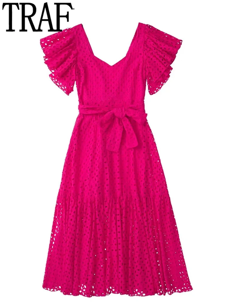 

TRAF Rosy Cut Out Dress Woman Embroidered Backless Midi Dress Women Ruffle Short Sleeve Dress 2022 Elegant Summer Long Dresses