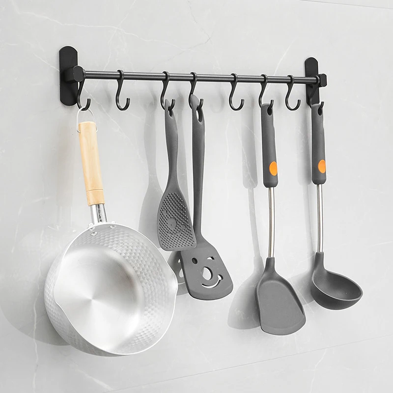 

40cm Long Punch Free Bathroom Towel Rack Kitchen Bedroom Door Back Coat Hook Black Kitchenware Key Bag Organizer Hook