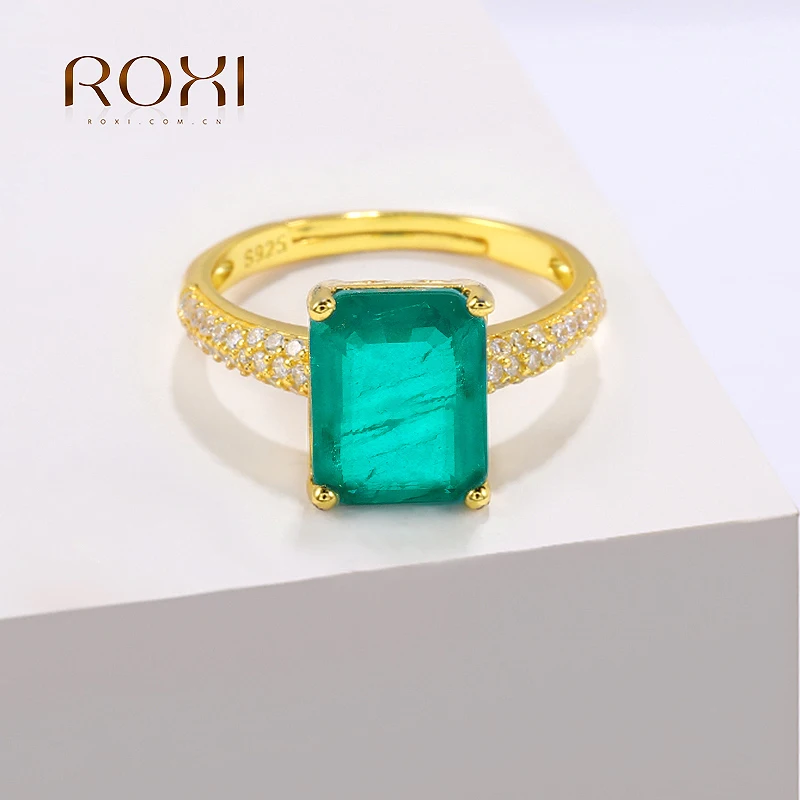 ROXI Charm Luxury 925 Stelring Silver Adjustable Square Green Tourmaline Rings For Women Paraiba Wedding Elegant Simple  Jewelry