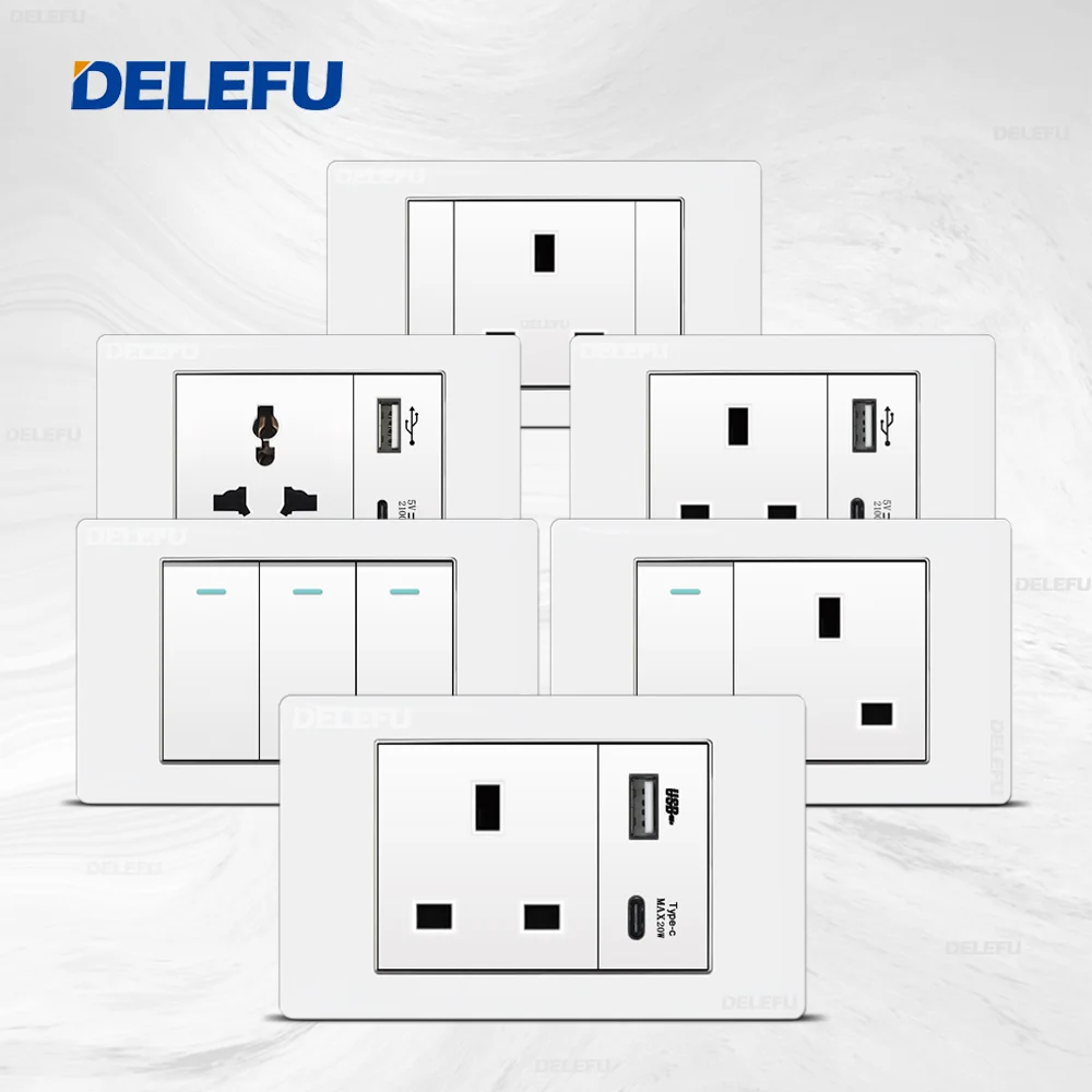 DELEFU UK Series 118x74 мм Настенная стандартная розетка импульсной мощности USB-C PC белая