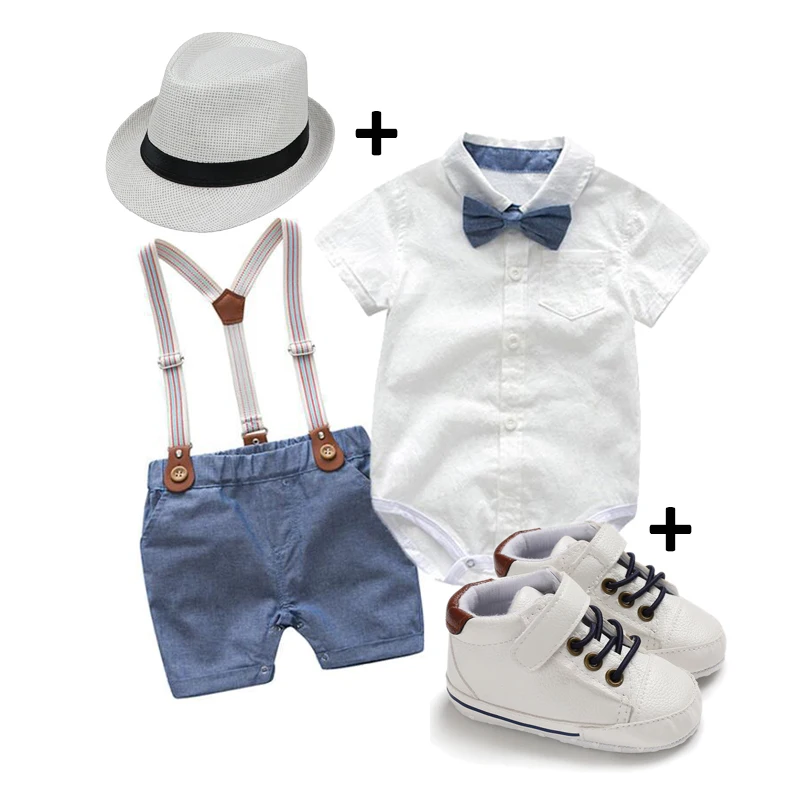 Summer Baby Boy Clothes Button  Romper Suit with Suspender Pants Jazz Hat and White  Shoes 4pcs Set Boys Newborn