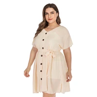 plus size white summer dress with belt women 2022 fashion single breasted button high waist solid v neck bandage mini dress