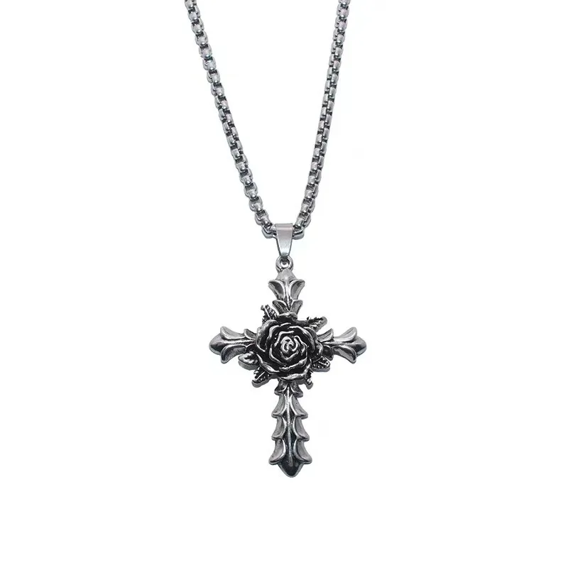 

Модное индивидуальное винтажное ожерелье с крестом, подвеска в виде цветка стразы из сплава, цепь из нержавеющей стали в стиле хип-хоп для м...