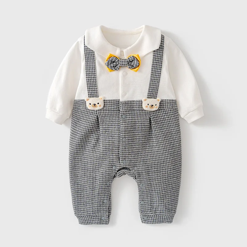 

Autumn Baby Clothes Newborn Infant Plaid Boy Cotton Romper Gentleman Jumpsuit Outfit with Bow Tie 0-2Y