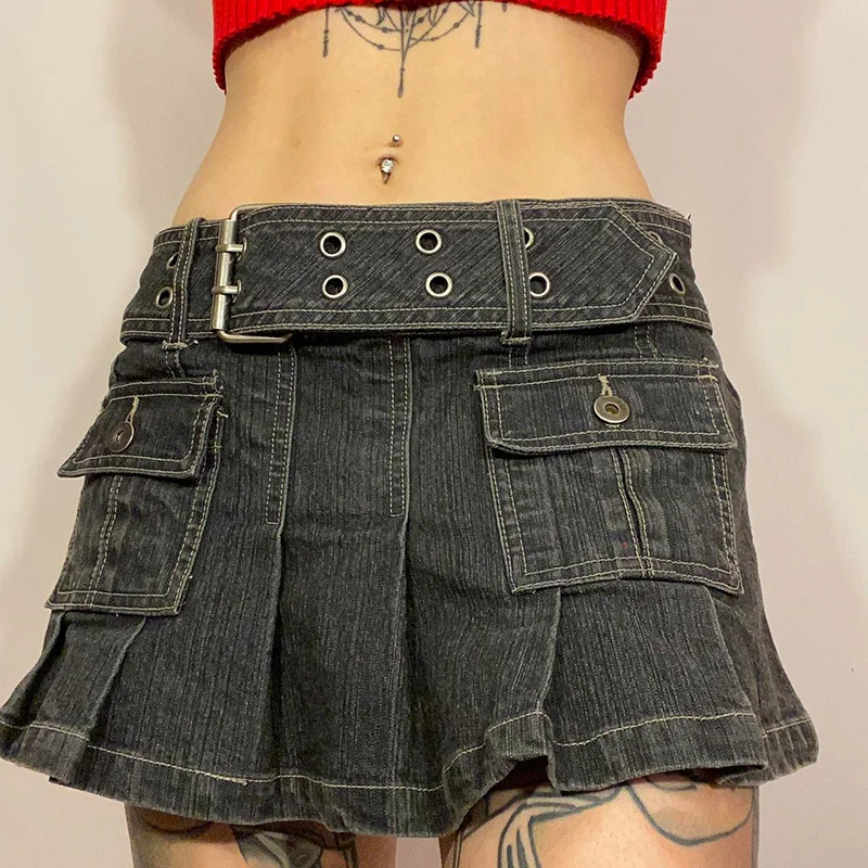 

Женская джинсовая мини-юбка, однотонная плиссированная юбка с множеством карманов и поясом, трапециевидная юбка с заниженной талией, весна-лето