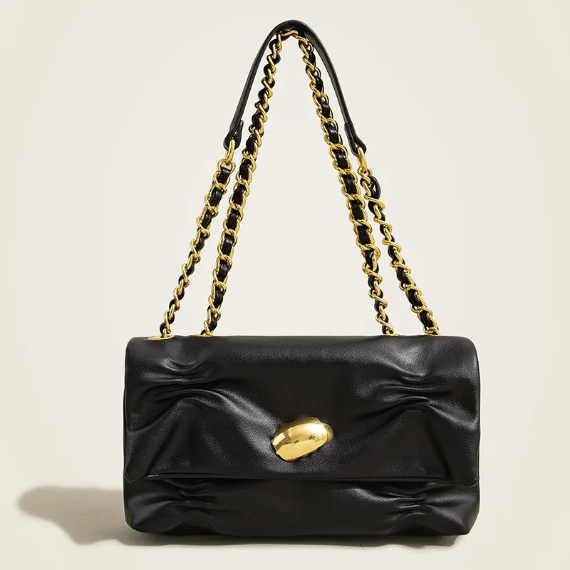 

Autumn Soft Pleated Pu Leather Shoulder Bag for Women 2023 Large Capacity Casual Chain Messenger Bag Simple for Girls Shopping