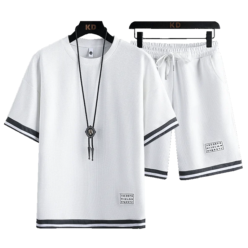 Waffle Casual Suit Men's Summer Ice Silk Short Sleeve T-shirt Men's Suit with Handsome Large Size Sports Suit