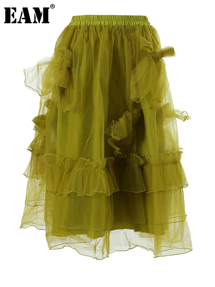 

[EAM] Элегантная вечерние юбка с высокой эластичной талией и зелеными сетчатыми оборками, женская модная юбка, новинка сезона весна-осень 2023, 2L220306