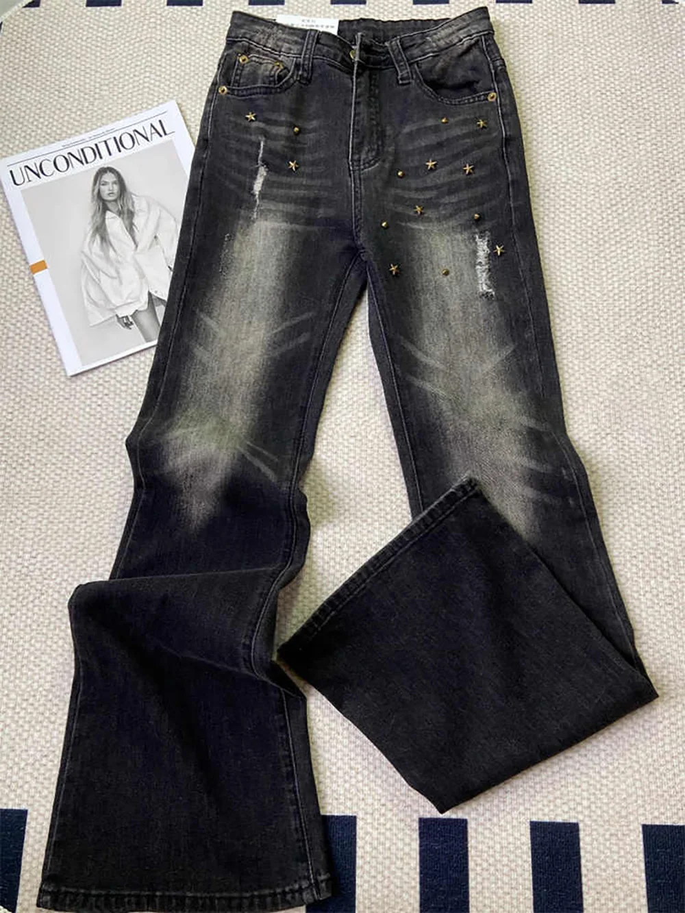 Большие черные серые рваные джинсы для женщин весенне-осенние расклешенные