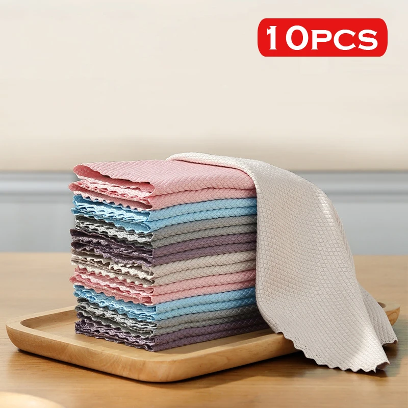 

10 piece Microfiber fish scale cloth strong water absorption fish scale grid cleaning cloth kitchen scouring pad