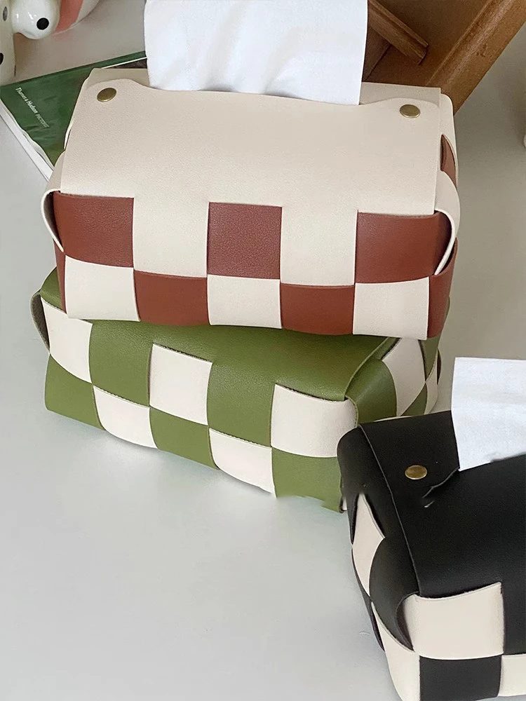 

Nordic Tissue Case Napkin Holder Checkerboard Tissue Box Home Office Dustproof DIY Woven PU Storage Box
