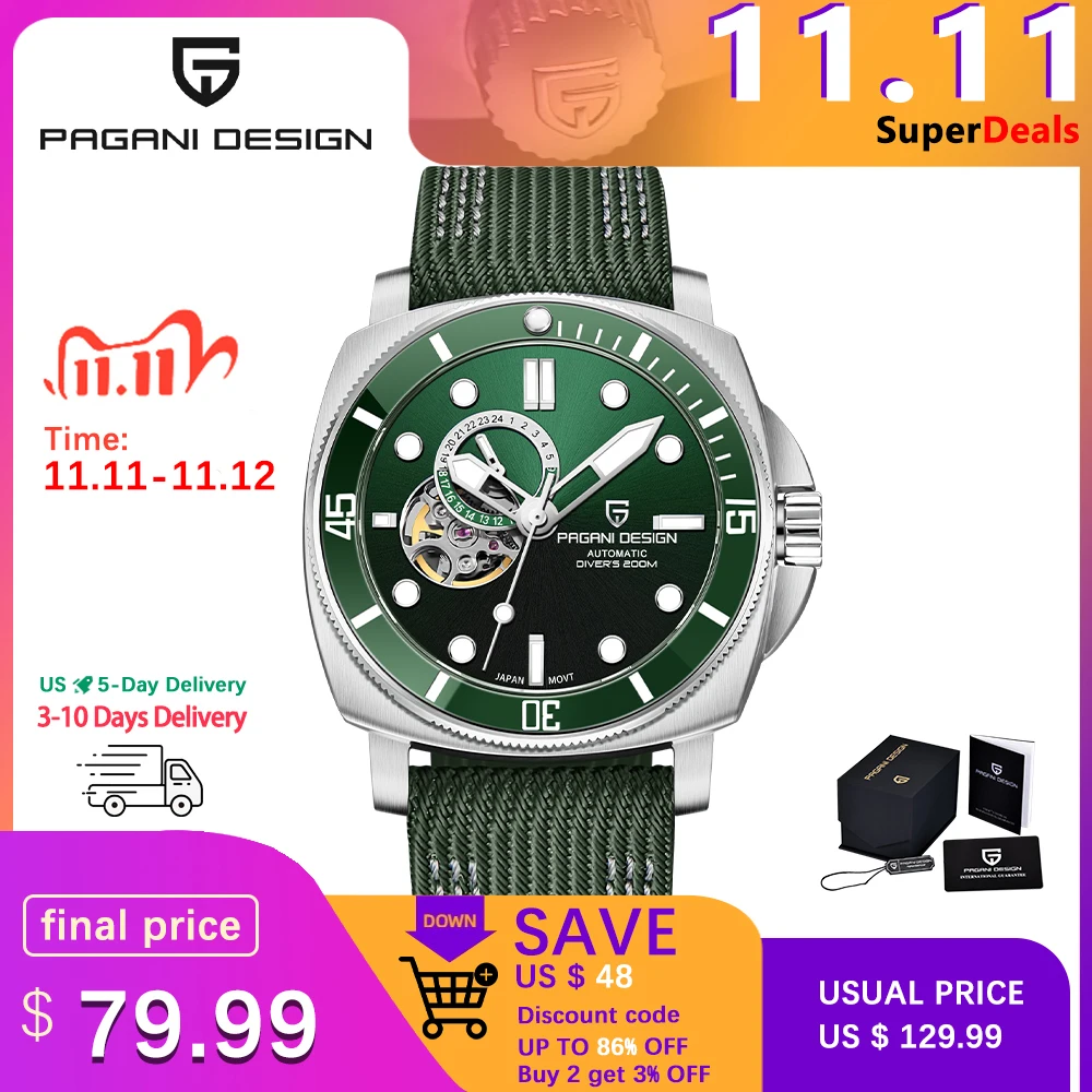 Pаспродажа Часы PAGANI DESIGN Мужские механические водонепроницаемые, брендовые автоматические повседневные модные водонепроницаемые с сапфировым стекло...
