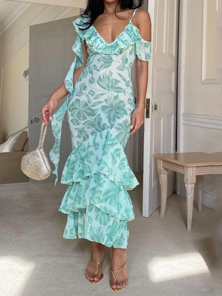 

V Neck Printed Dress for Women Spaghetti Strap Sleeveless Ruffles Sexy Backless Ankle Length Summer Wedding Evening Party Outfit
