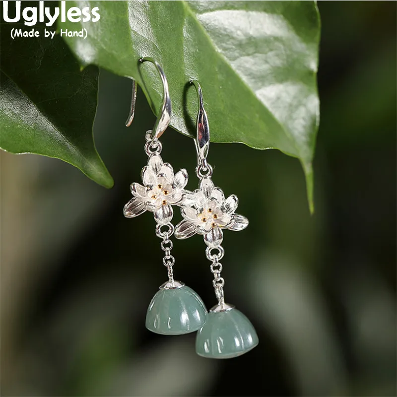 

Uglyless Nature Gemstones Jadeite Lotus Earrings for Women Real 925 Silver Blooming Lotus Flower Brincos Handmade Floral Jewelry