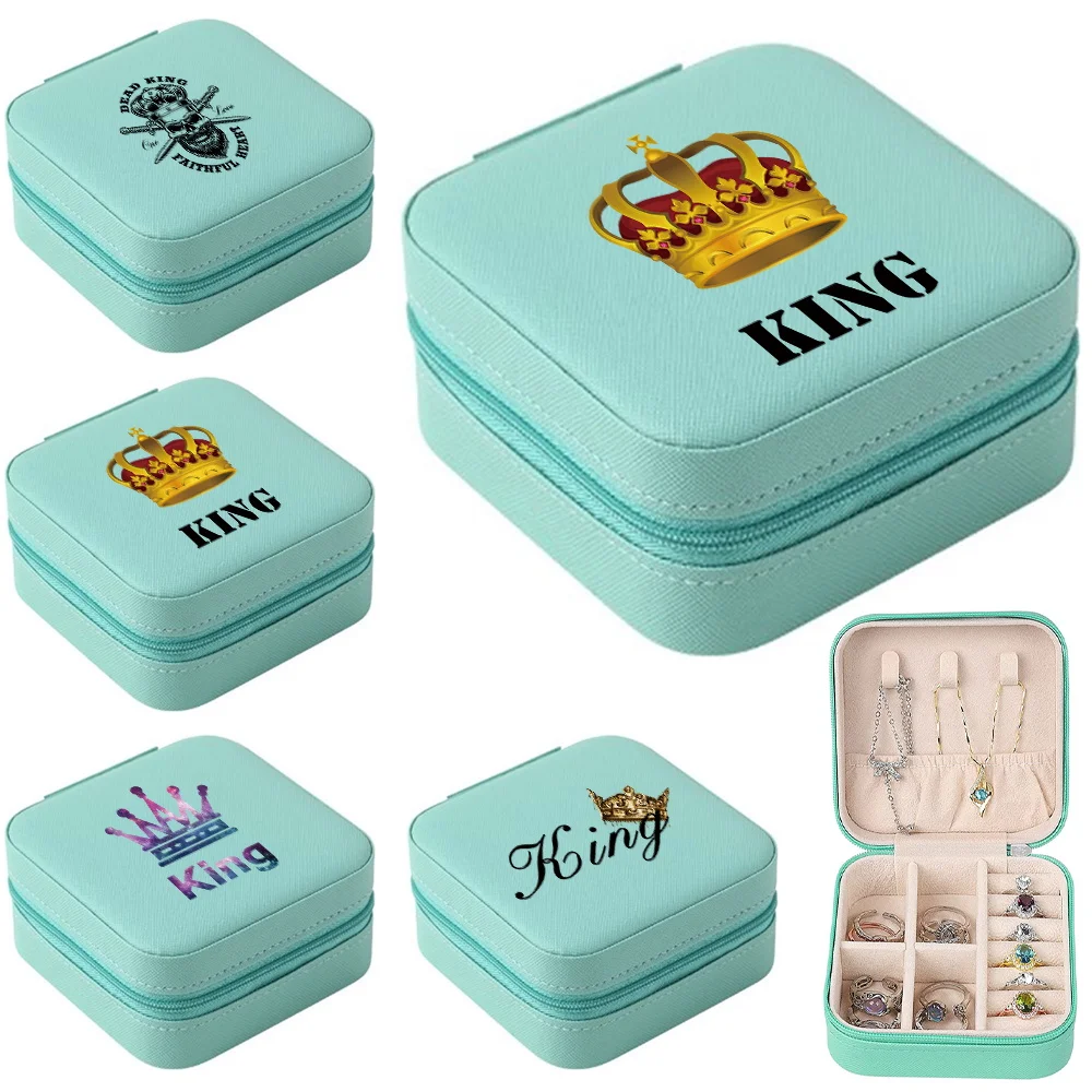 

Portable Jewelry Packaging Box King Pattern Travel Jewelry Case Leather Storage Earrings Necklace Ring Jewelry Organizer Display