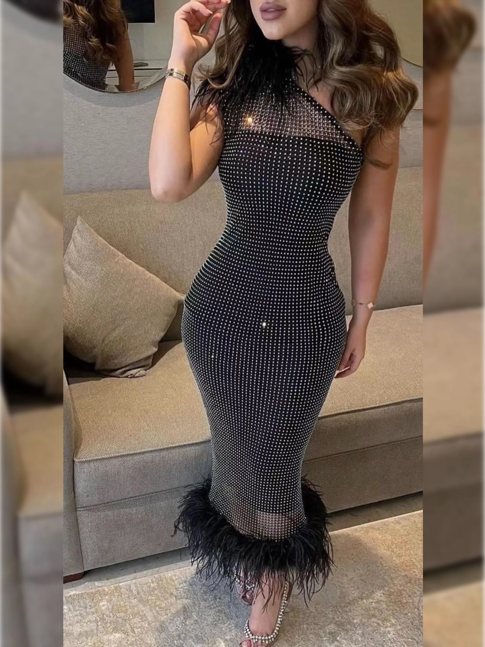 2023 New Black Fashion Sleeveless Feather Patchwork One Shoulder Mesh Beading See-through Bodycon Bandage Party Night Club Dress
