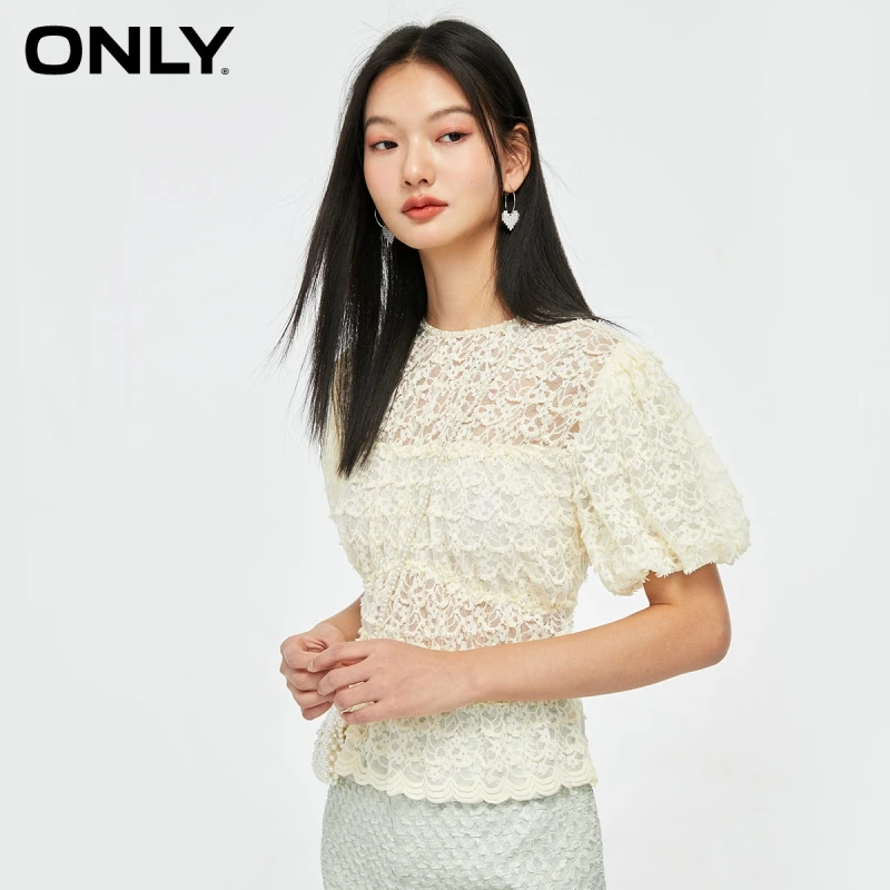 

ONLY summer new straight tube comfortable sweet lace pattern hem wave T-shirt women | 121201226