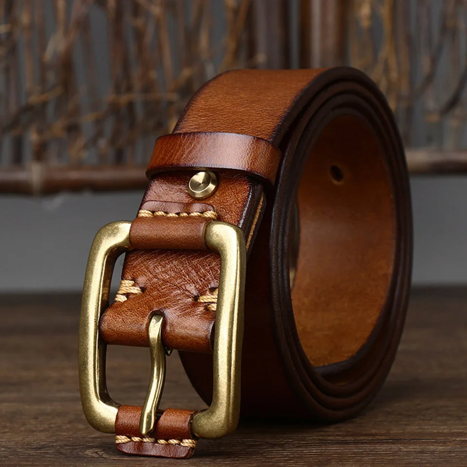 

Belts For Men's Trendy Luxury Brands Korean Version Simple Fashion Leather Retro Copper Buckle Distressed Tooling Jeans Belt