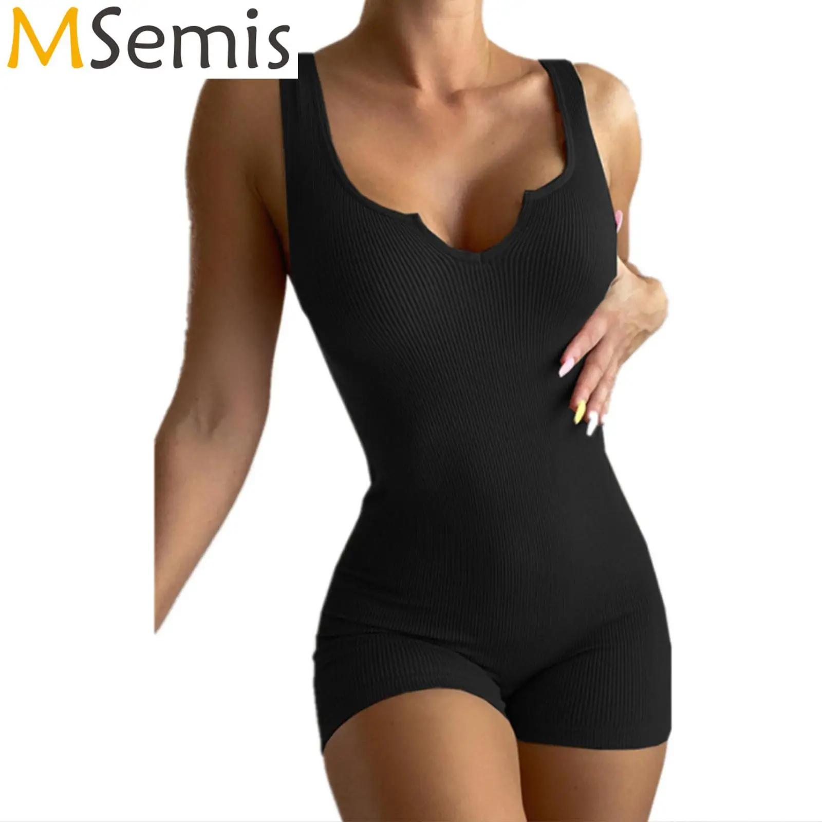 

Women's Yoga Clothing Solid Color Workout Jumpsuit Sleeveless Tummy Control Ribbed One Piece Rompers Yoga Sports Playsuit