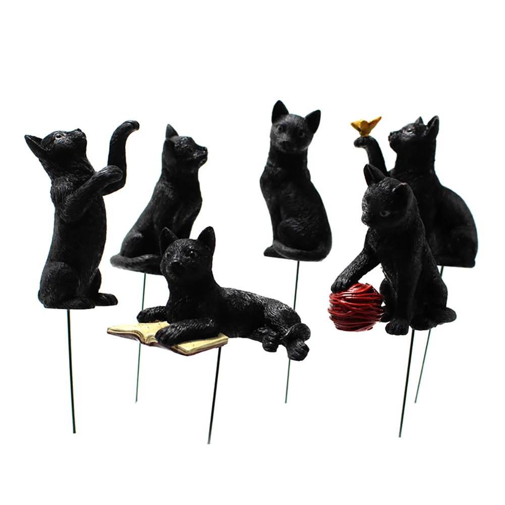 

6pcs Black With Luminous Eyes Stake Garden Decor Ornament Outdoor Cute Resin Cat Statue Micro Landscape Lawn Patio Yard