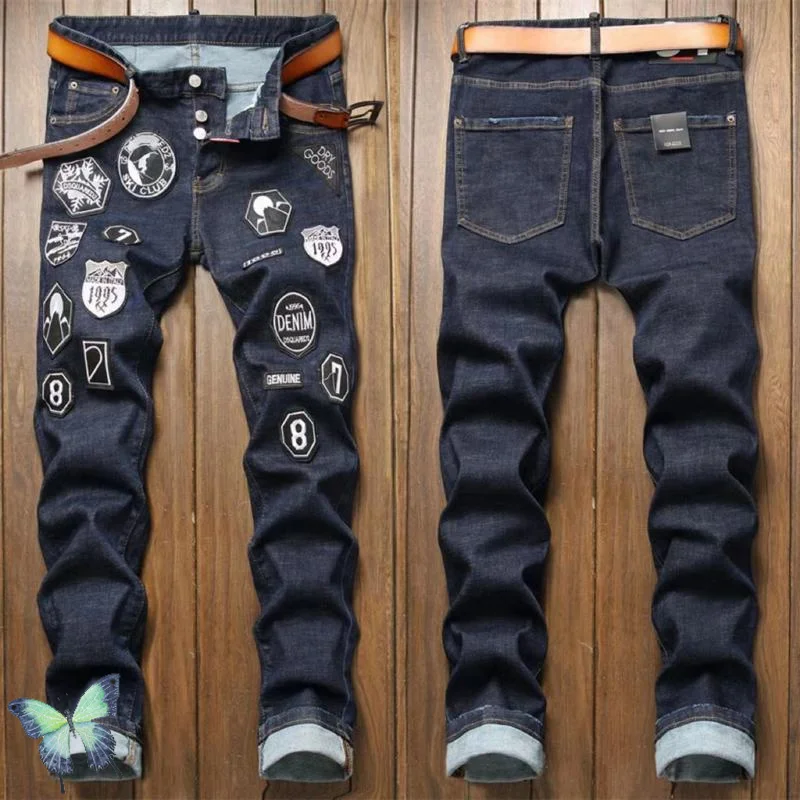 

Multi Badget Dark Blue Stretch Men Denim Pants DSQ2 High Quality Jeans Men