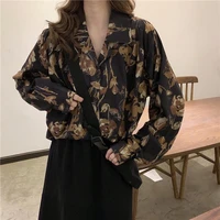 qweek vintage womens blouses oversized harajuku black shirt streetwear preppy style kpop fashion chiffon long sleeve top casual