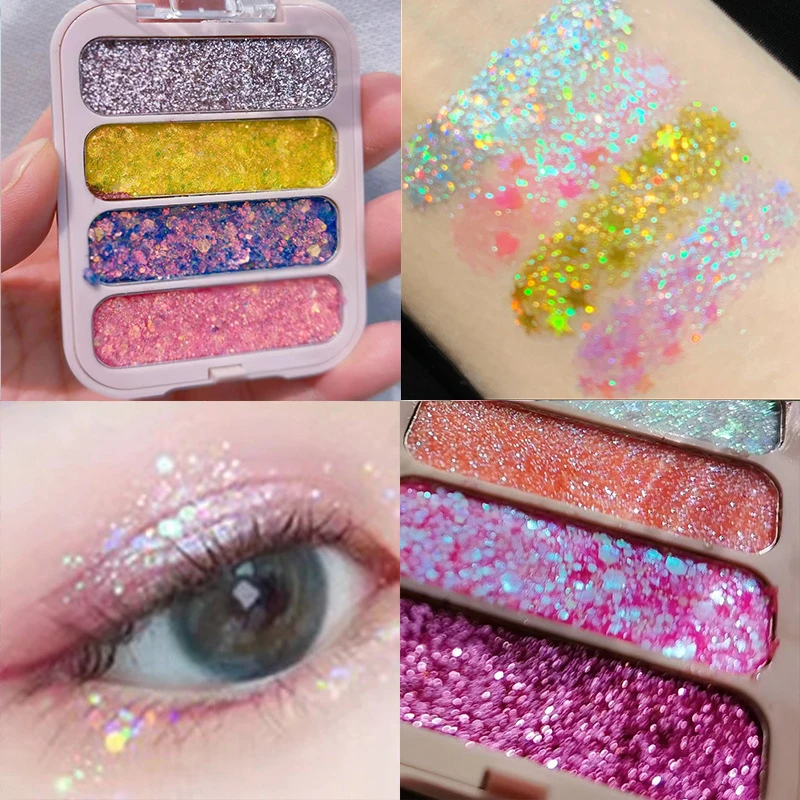 Three Scouts 4-Colors Glitter Sequins Eyeshadow Palette Shimmer Pearly Waterproof Long-lasting Diamond Shiny Party Face Body Mak